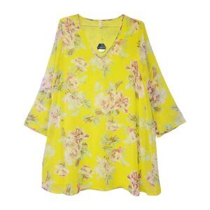 PinkBlush Yellow Floral Tunic Dress L Boho V-Neck Bell Sleeve Lined NWT